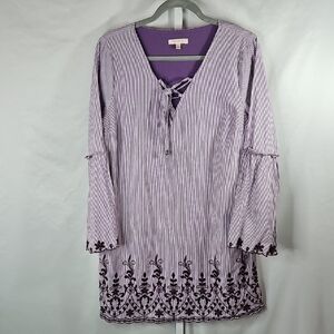 Skies Are Blue Lavender Striped Embroidered Midi Women's Dress Sz Large
